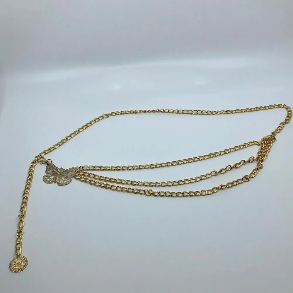 Women's Gold Butterfly Layered Chain Belt, 40.5 Inches, X7G9A1050